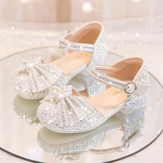 G.DUCKKIDS Little Yellow Duck Children's Shoes Girls Sandals New Children's Shoes Summer Little Girls Crystal Shoes High Heels Baby Leather Shoes Silver 36 Inner Length 21.5CM