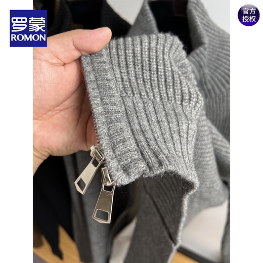 ROMON double zipper turtleneck cardigan men's sweater autumn and winter thick sweater jacket men's solid color thick sweater men's black XL 175