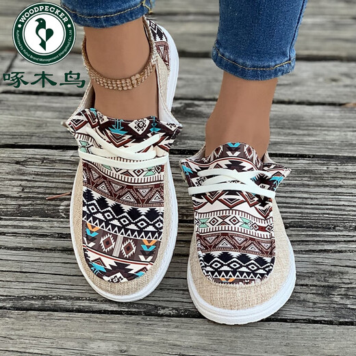 Woodpecker 2025 summer new canvas shoes lace-up loafers women's shoes versatile flat casual shoes mother shoes single shoes women's shoes black 37