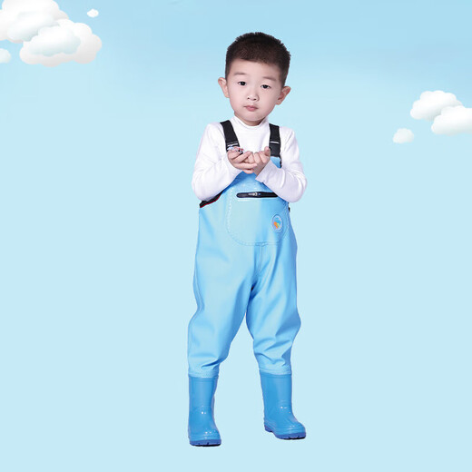 Perfect children's water play one-piece waders, kindergarten waterproof clothes, children's rain boots for children, men's and women's fishing rain pants, beach blue fish zipper pocket - children's overalls M 24 (shoe inner length 15c)