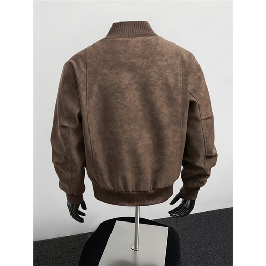 Jufeng Maillard PU leather bomber jacket men's high-end handsome short coat American retro stand-up collar baseball uniform brown XL
