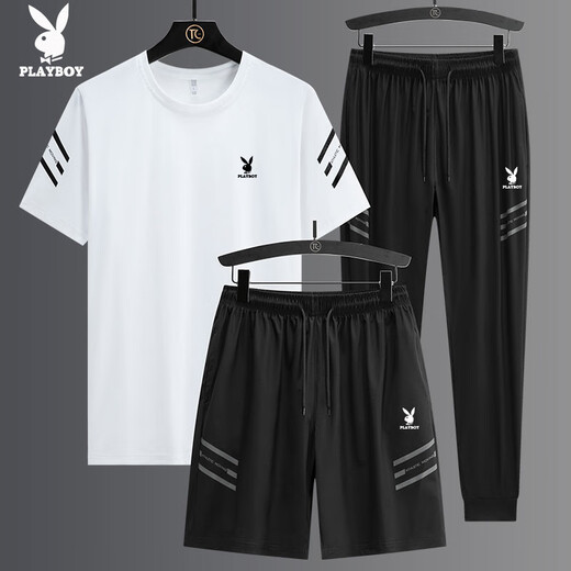 Playboy (PLAYBOY) high-end casual sports suit men's summer ice silk thin loose fast drying breathable short sleeve two-three pieces set GF1389 white shorts two-piece set 5XL (suitable for 185-200 Jin [Jin equals 0.5 kg])