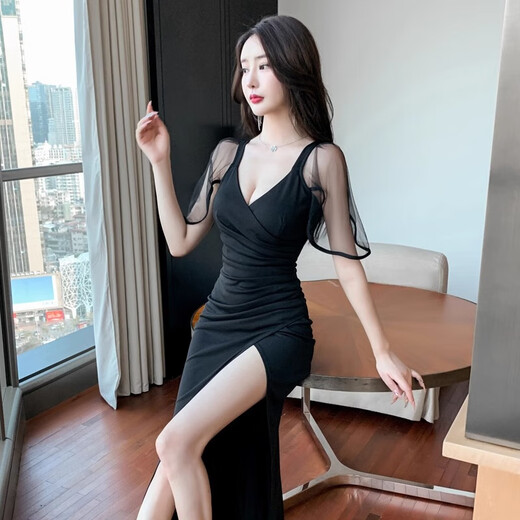 
Nightclub KTV sexy dress Beautiful evening dress long skirt foot bath sauna massage SPA foot technician work clothes 3882 black S suggest 80-95Jin [Jin equals 0.5 kg]