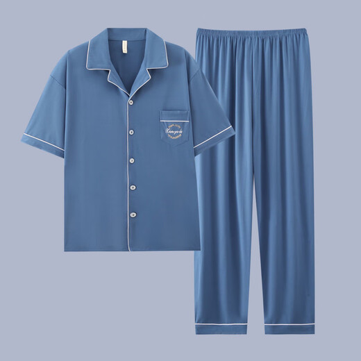 Heyu Herren-Pyjama-Herren-Kurzärmel-Sommer-Dünne Baumwoll-Pyjama-Pyjama-Herren-Feder- und Sommer-Kleidungsstück G3884 Blau (kurzärmelig) 195 4xl [Empfohlen 170-200jin [Jin gleich 0,5 kg]]