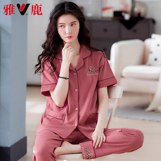 雅鹿高档新款纯棉睡衣女士夏季短袖长裤妈妈大码家居服夏天薄款套装 桔红色 Q9930 2XL 【140-160斤】