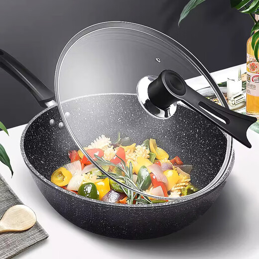 Wanjiaquan wok with lid, non-stick wheat rice stone color, induction cooker, gas stove, special frying small pot, household set, iron pot, wok + lid, free wooden spatula + sponge block 30cm