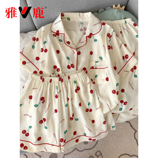 Pajama de gasa de algodón puro de Yalu para mujeres pantalones de manga corta Juego de tres piezas Sweet Cherry Cardigan Cardigan Home Spring y Autumn Yunduo Cotton-J9901# Paradise Puppy Tres piezas M [Sugerencia 75-100Jin [Jin equivale a 0.5 kg]]]
