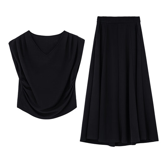 
Vanciman design sense T-shirt suit skirt for women in summer new waist top skirt high-end two-piece set black XL