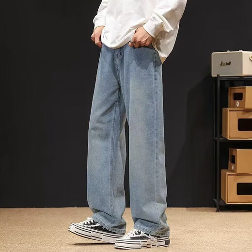 American retro jeans for men spring and autumn new style washed high street straight pants distressed casual wide leg trousers for men smoke black XL