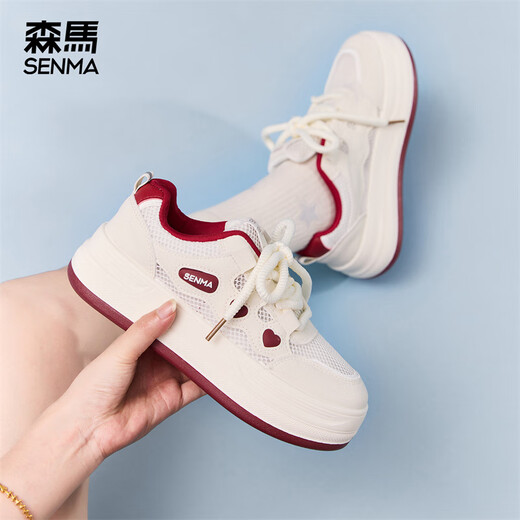 森馬小白鞋女鞋面包鞋2025新款夏季网面透气户外运动鞋增高百搭休闲鞋 米紫色 36