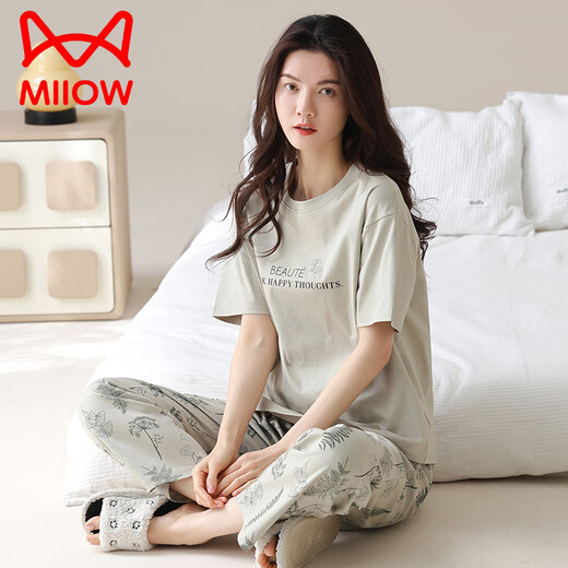 猫人（MiiOW）2025年新款睡衣女士夏季纯棉短袖长裤可外穿休闲品牌家居服套装 YZT9719 L 【建议100-120斤穿】