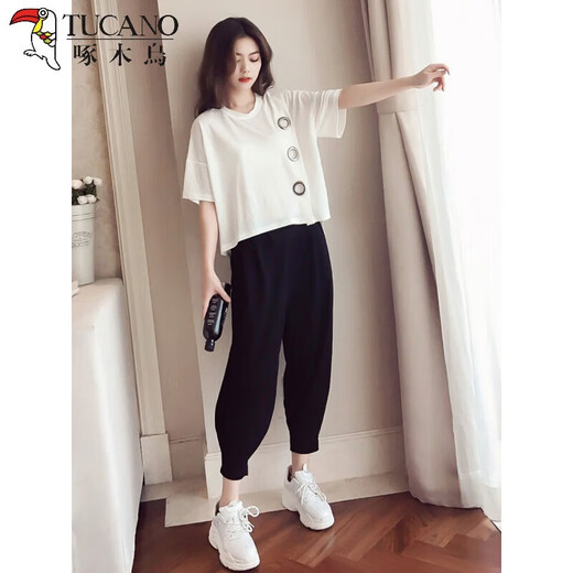 
TUCANO; Woodpecker Large Size Women's Fat mm Harem Pants Set 2025 Spring and Summer New Style Fashionable Slimming Belly Sports and Casual Two-Piece Set Light and Black <9928>Thin 2XL <Suggested 130-145>