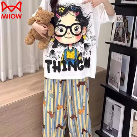 Catman (Miiow) Koreanischer Pywon-Pyjamas für Frauen im Sommer kurzärmelige lange Hosen Cartoon Curly Hair Girl Home Kleidung Großgröße zweiteiliger Set für Außen-Cartoon-Mädchenanzug (Empfohlen 110 ~ 125 Jin [Jin gleich 0,5 kg]))