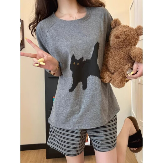 鹤屿睡衣女2025夏季短袖薄款宽松胖mm加大码可外穿家居服两件套 693黑笑脸 M 【建议80-90斤】