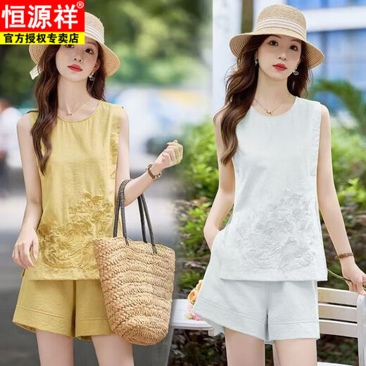 恒源祥刺绣棉上衣短裤套装女2025夏季新款清凉小个子时尚好看穿搭一整套 藏青色短裤 XL 建议120-135斤