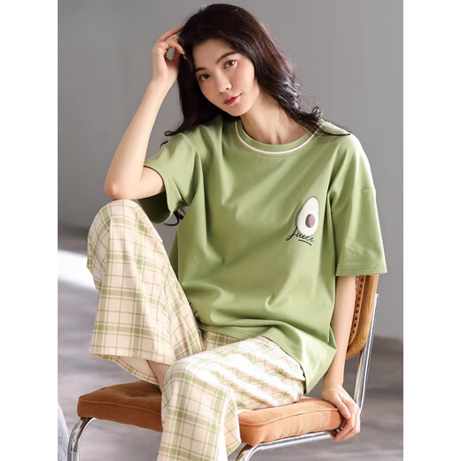 浪莎（langsha）睡衣女款夏季2025新款纯棉薄款宽松家居服短袖长裤休闲可外穿套装 7374 M [建议80-105斤]