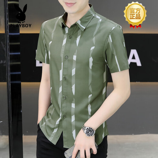 Playboy (PLAYBOY) high-end new 2025 summer men's short-sleeved shirt trendy handsome ice silk inch clothes thin cool shirt 7027 black M 90-110Jin [Jin equals 0.5 kg]