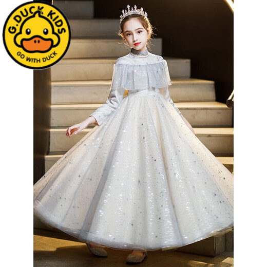 G.DUCKKIDS Girls Dress Flower Girls Wedding Little Girls Wedding Piano Playing Performance Clothes Children's High-end Host Princess Dress 692009 White [Follow + Crown] 150 cm Suitable for 140-150cm Ages 9-10 years