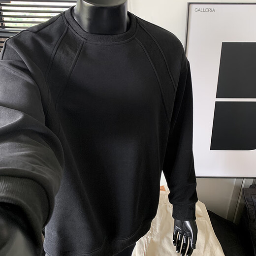 Homlean solid color simple sweatshirt men's autumn design loose and versatile casual long-sleeved t-shirt bottoming shirt HW27 black 3XL