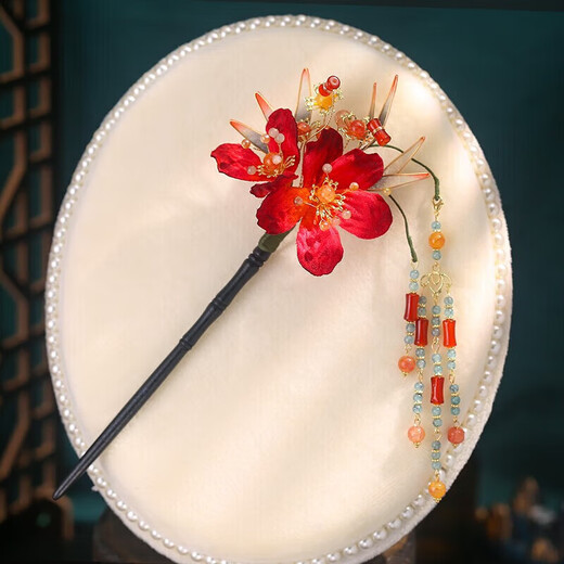 LiWO (LIWO) new Chinese style headdress bride morning robe Hanfu pink flowers ancient style red hair accessories versatile cheongsam hairpin bride red suit