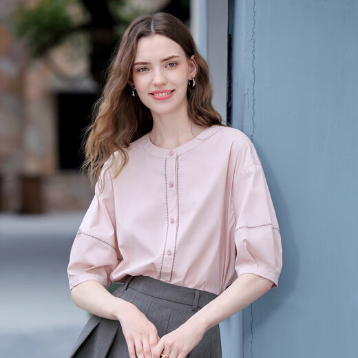 
Baitu betu women's clothing 2025 summer new shirt round neck contrast embroidered comfortable cotton temperament top 2507T25 pink L