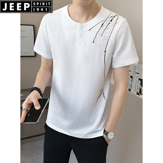 JEEP SPIRIT新中式国风v领短袖T恤男夏季亚麻2025新款透气竹子半袖男士体恤衫 9856卡其色 M (约90~105斤可穿)