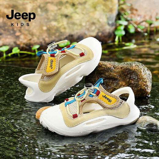 JEEP Children's Sandals 2025 New Baotou Sandals Soft Bottom Girls Beach Shoes Summer Outdoor Wading Shoes Khaki Brown/Ivory White 34 The inner length of the shoe is about 22.9cm