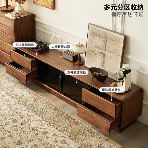 Zhidian Massivholz-TV-Schrank, bodenstehend, nordamerikanisches schwarzes Walnussholz, italienisches leichtes Luxus-High-End-Villa-Standmodell mit Glastür-Unterschrank, 2,15 Meter TV-Schrank YYGMC675, Walnuss