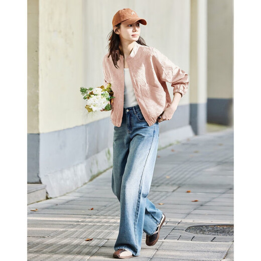 DME (dme) fashionable three-dimensional wrinkle spring workwear style stand collar rubber hem long sleeves hide flesh and easy to wear short coat for women Pink M