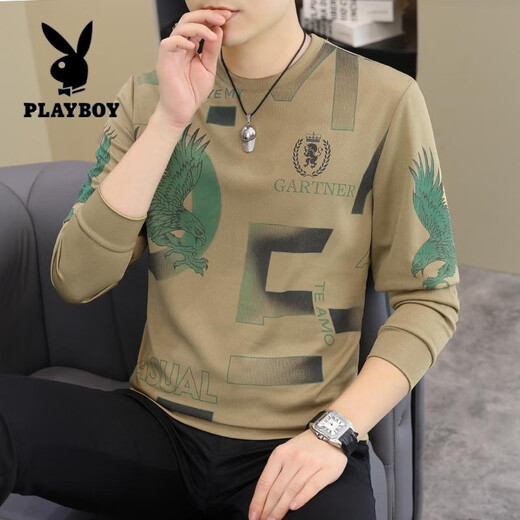花花公子（PLAYBOY）2025春秋新款男士长袖T恤小衫个性欧货卫衣打底衫加大码男装上衣 【春秋】6626白色 薄款 M 90-115斤