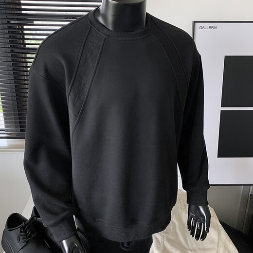 Homlean solid color simple sweatshirt men's autumn design loose and versatile casual long-sleeved t-shirt bottoming shirt HW27 black 3XL