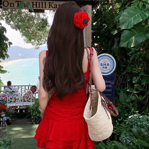 麓格立纯欲泳衣女泡温泉成人女士游泳衣连体红色性感泳装沙滩高级小众 红色泳衣送头花均码 【80-120斤】