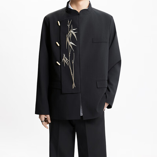 Mr. Lu's New Chinese Style Men's Dress for Engagement Irregular Suit Suit Chinese Style Stand Collar Golden Bamboo Embroidery Mao Suit Black (Suit/T01 White T/Trousers) XL