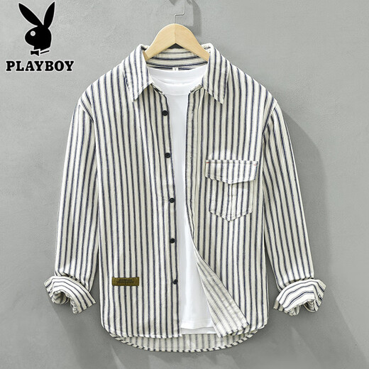 Playboy (Playboy) Langarmiertes gestreiftes Hemd für Jungen lässige Baumwollhemd Frühling und Herbst neue trendige und modische Teenie-Denim-Jacke 6625 Grün 3xl