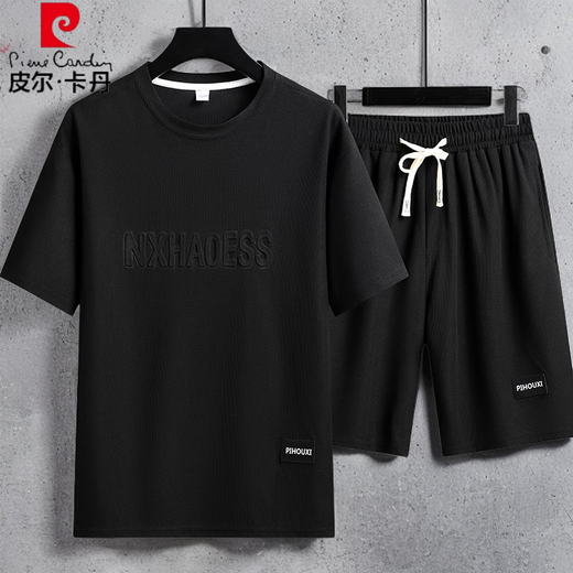 Pier Cardin men's complete set of summer short-sleeved T-shirts for men's teenagers' thin sports and casual loose trend suit (set) 829 brown L (recommended 120-140Jin [Jin equals 0.5 kg])