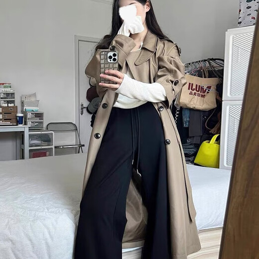 Xinnan Khaki Trench Coat 2025 Spring and Autumn Paris Classic Coat Women's Mid-Length Small High-end British Style Coat Long Khaki Fashion Trench Coat One Size 90-130Jin Jin is equal to 0.5 kg