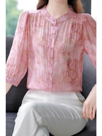 New summer loose belly-covering temperament chiffon shirt for women with three-quarter sleeves shirt floral stand-up collar top for women pink 3XL [recommended 130-140Jin [Jin equals 0.5 kg]]