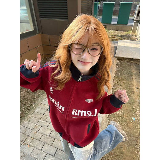 LDBE American fashion brand stitching contrasting color stand-up collar plus velvet sweatshirt for women early autumn lazy style loose design cardigan jacket maroon M 80-100Jin Jin equals 0.5 kg