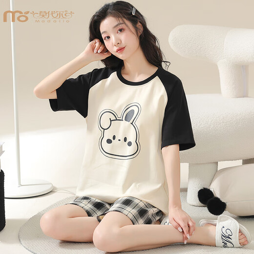 Modal summer short-sleeved plaid pajamas suit fat MM women 200 Jin [Jin equals 0.5 kg] Home clothing Korean version loose and can be worn outside casual cartoon KNC3519 L