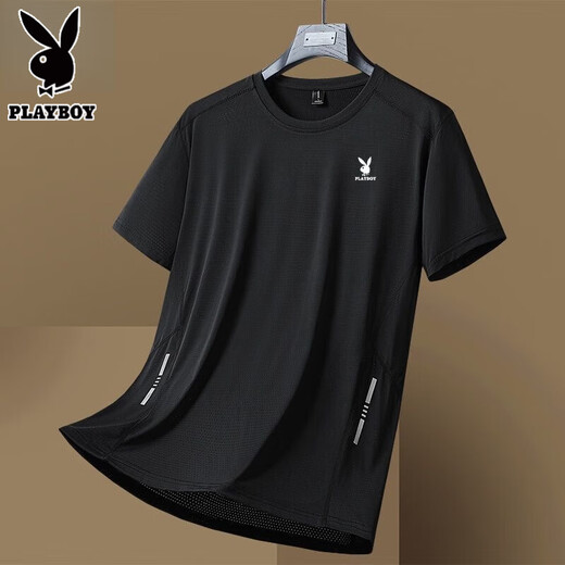花花公子（PLAYBOY）夏季冰丝速干透气专柜青年运动百搭短袖T恤/2件 舒适亲肤  深灰+黑色冰丝短袖两 XL 建议【115-125斤】