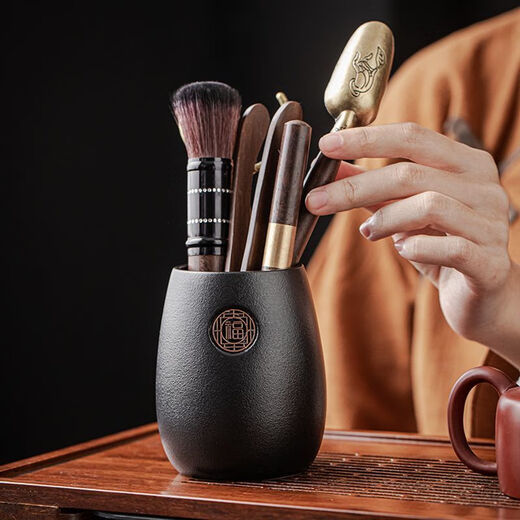 Meikejie Tea Ceremony Six Gentlemen Set Kung Fu Tea Set Accessories Complete Tea Table Tea Table Tea Making Tools Tea Knife Tea Clamp Brush Supplies Black Bucket-Fu Dao + Sharp Knife Set 6 Pieces