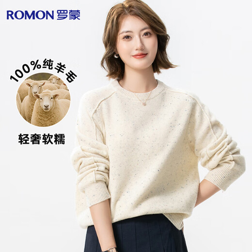 罗蒙【100%绵羊毛】纯羊毛衫女士秋冬厚款圆领宽松打底衫红色套头毛衣