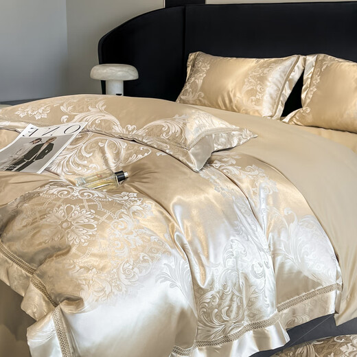 Mercury Series Advanced Class A 120 Thread Count Satin Jacquard Four-piece Set Light Luxury Cotton Quilt Cover Sheets Pure Cotton Super Soft Naked Sleeping Bedding Class A Super Soft Naked Sleeping-Muse-Champagne 2.0 Meter Bed Sheet Four-piece Set-Duvet Cover 220x240