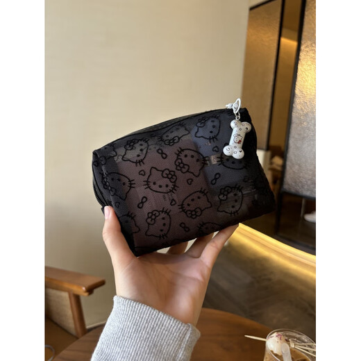 Simple and cute black mesh kitty cosmetic bag, portable large-capacity storage bag, hand-held makeup bag, stain-resistant, black flocked mesh kitty bag + small bones