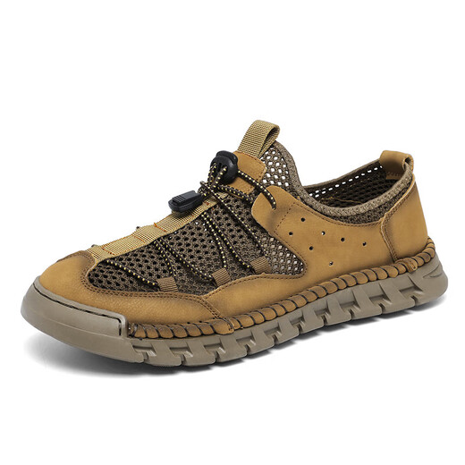 
Microfiber leather sandals men's French leather shoes for spring and summer new genuine leather hollow hole shoes soft sole casual beach shoes for men khaki [Microfiber leather A681] 46