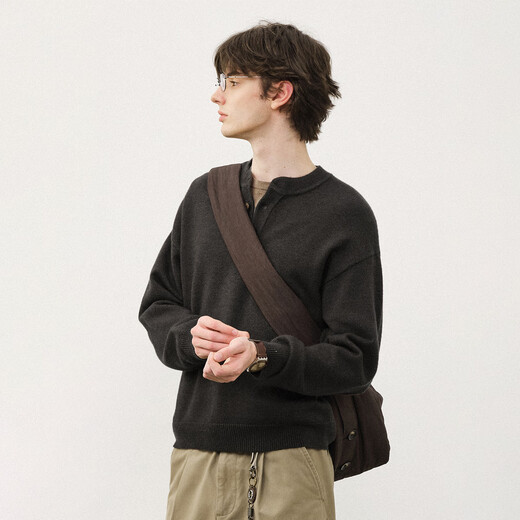 714street Retro Henley Collar Black Sweater Men's 2025 Autumn and Winter New Skin Friendly Crisp Fitted Sweater Floral Brown M