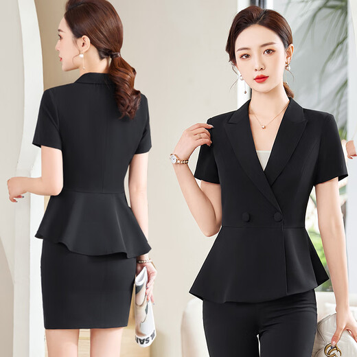 
Poresno Hotel foreman high-end work clothes, beauty professional suit set, women's summer thin short-sleeved suit, front desk work suit 6629 black suit + pants for suspenders M suggestion 88-95Jin [Jin equals 0.5 kg] Universal size