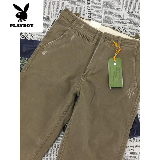 花花公子（PLAYBOY）高端重磅纯棉直筒工装休闲裤男宽松春秋厚美式复古伐木破坏碳素潮 卡其 春季薄.款5009 29 100-120斤左右