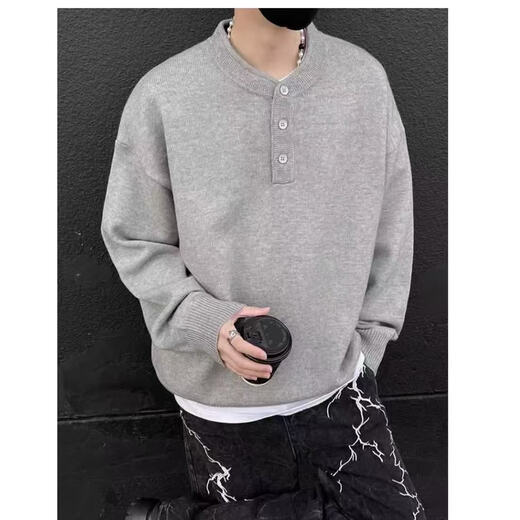 Gray American Henry collar sweater for men in early spring, high-end, lazy style bottoming sweater, cleanfit inner layer, light gray M