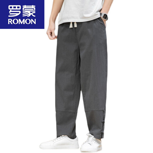 Romon chinesische Stil Falten -Wäsche Herrenhosen Sommer loser Harem Hosen Tang Anzug Baumwollwäsche Casual Hosen Straighthose grau [MK983 Striped Style] M -120jin [Jin ist 0,5 kg]